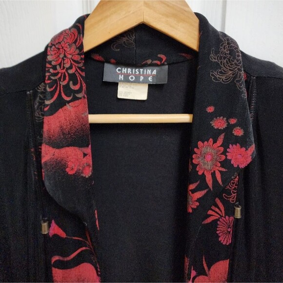 Christina Pope Sweater Womens XL Black Red Floral Open Cardigan Slinky Travel - Picture 3 of 10